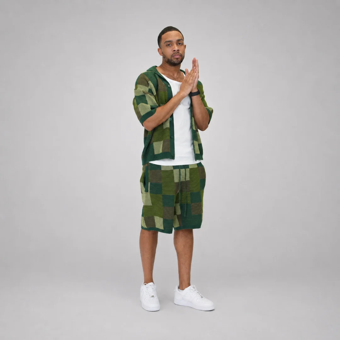 the crochet-knit checkered shorts - camo - Image 3