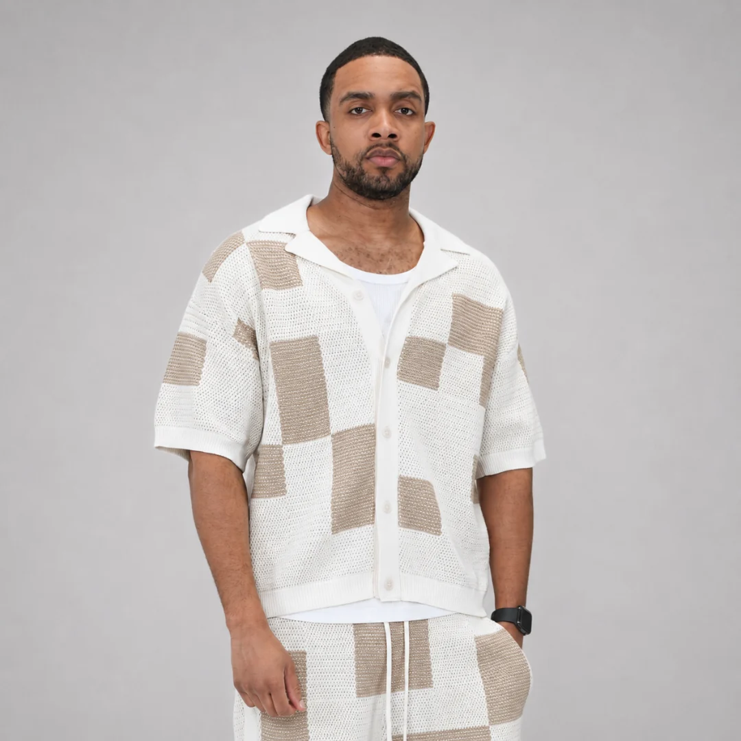 the crochet-knit checkered shirt - crème - Image 4