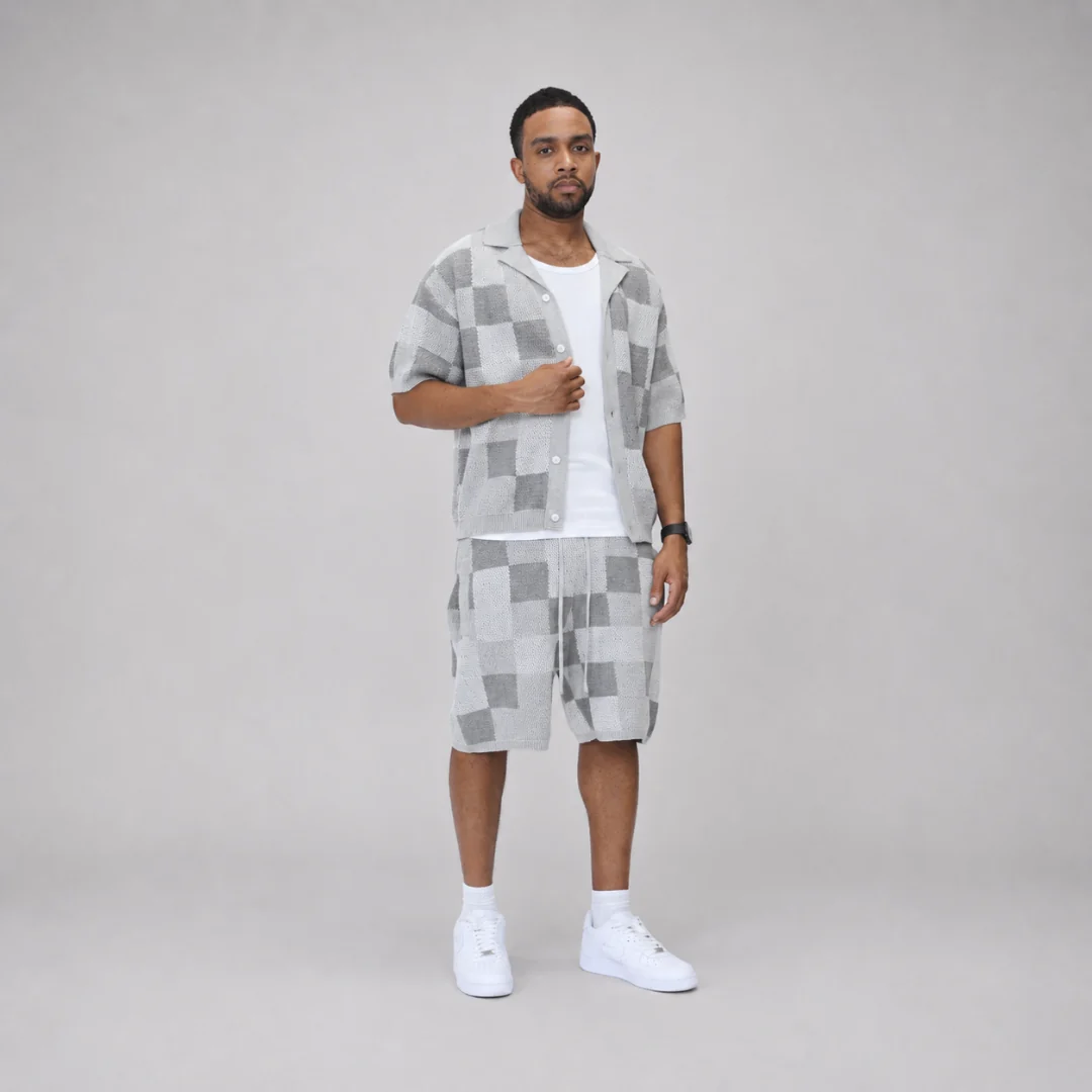 the crochet-knit checkered shorts - grey - Image 5