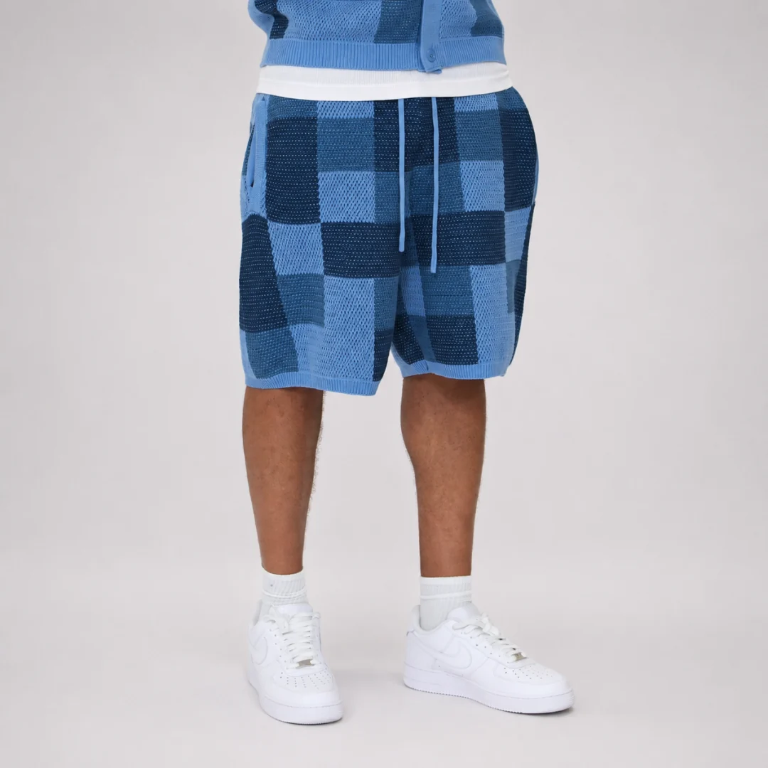 the crochet-knit checkered shorts - blue - Image 6