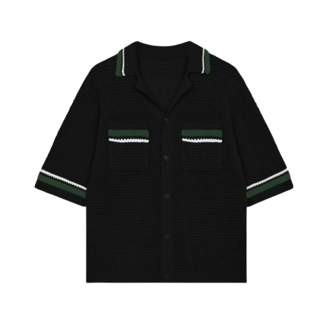the crochet-knit striped shirt - black - Image 2