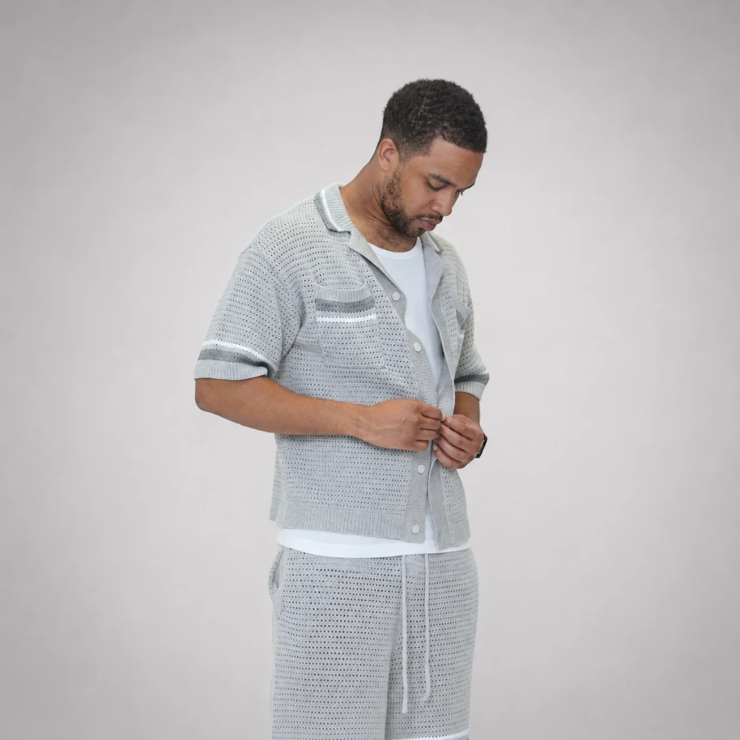 the crochet-knit striped shirt - grey - Image 4