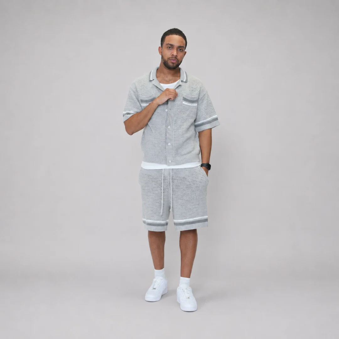 the crochet-knit striped shirt - grey - Image 5