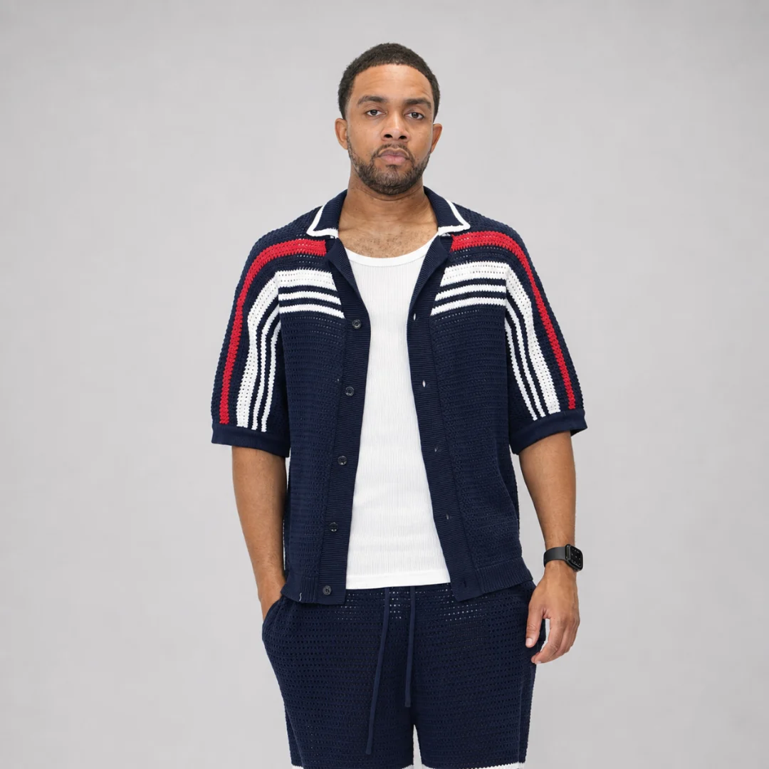 the crochet-knit striped shirt - français navy - Image 3
