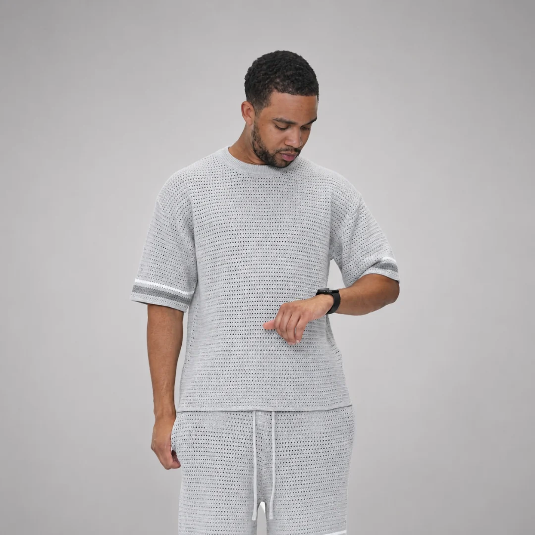 the crochet-knit striped tee - grey - Image 4