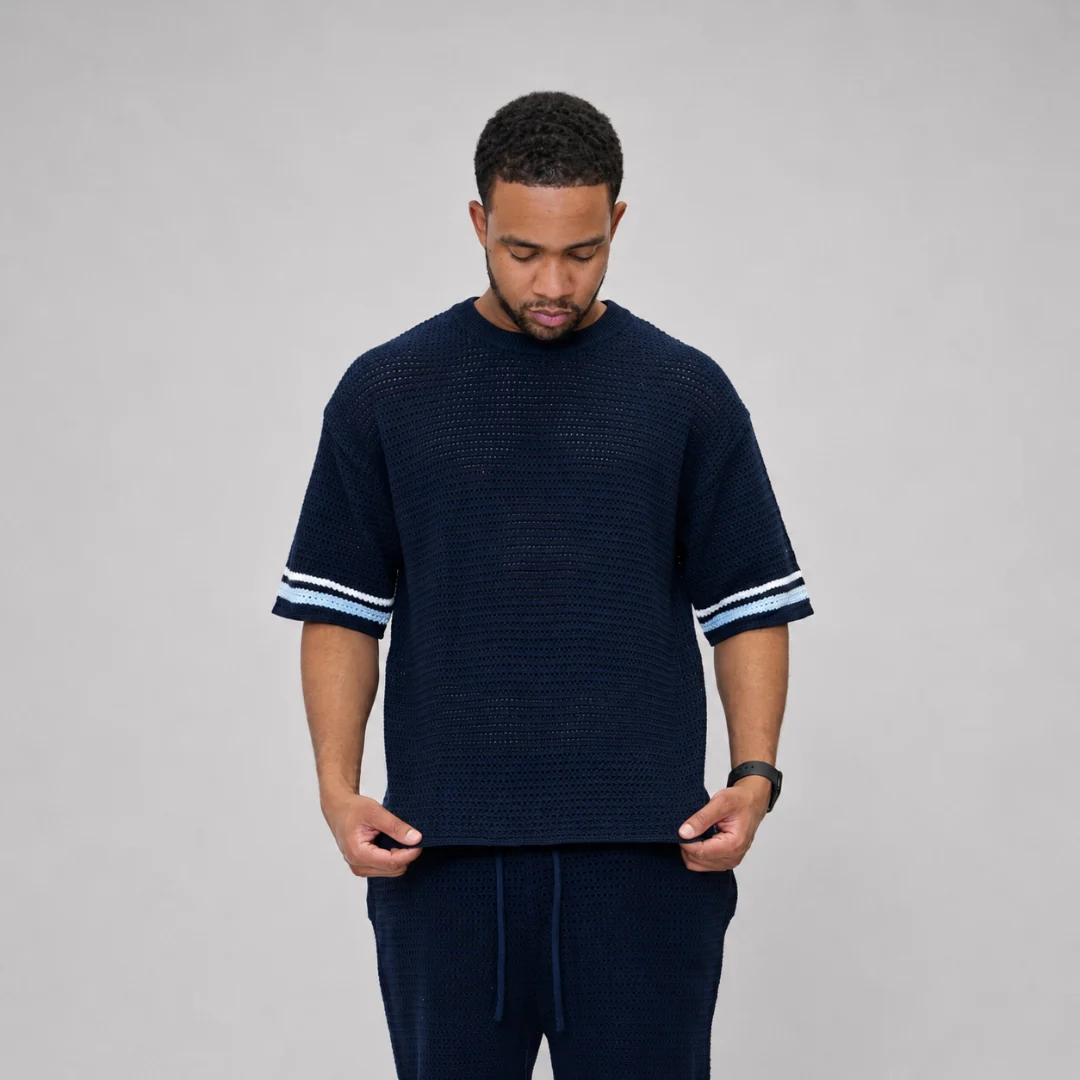the crochet-knit striped tee - navy - Image 3